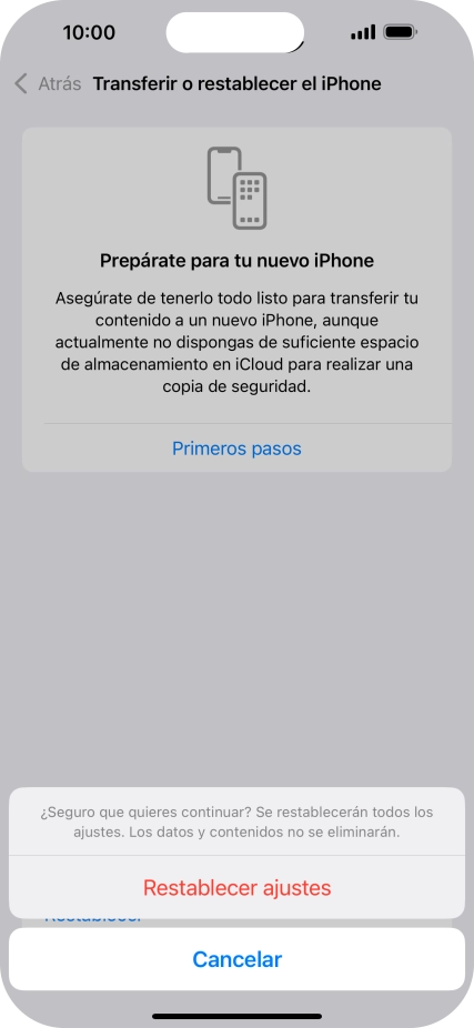 Pulsa Restablecer ajustes. Espera unos instantes mientras el teléfono restablece la configuración predeterminada. Sigue las indicaciones de la pantalla para configurar el teléfono y dejarlo listo para su uso. Pulsa Restablecer ajustes. Espera unos instantes mientras el teléfono restablece la configuración predeterminada. Sigue las indicaciones de la pantalla para configurar el teléfono y dejarlo listo para su uso.