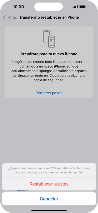 Pulsa Restablecer ajustes. Espera unos instantes mientras el teléfono restablece la configuración predeterminada. Sigue las indicaciones de la pantalla para configurar el teléfono y dejarlo listo para su uso. Pulsa Restablecer ajustes. Espera unos instantes mientras el teléfono restablece la configuración predeterminada. Sigue las indicaciones de la pantalla para configurar el teléfono y dejarlo listo para su uso.