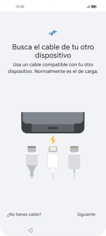 Si tienes un cable que pueda conectar ambos teléfonos, inserta el cable y sigue las instrucciones de la pantalla para transferir contenido a tu teléfono. Si no tienes un cable, pulsa ¿No tienes cable?.