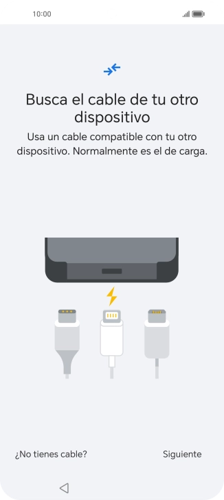 Si tienes un cable que pueda conectar ambos teléfonos, inserta el cable y sigue las instrucciones de la pantalla para transferir contenido a tu teléfono. Si no tienes un cable, pulsa ¿No tienes cable?.