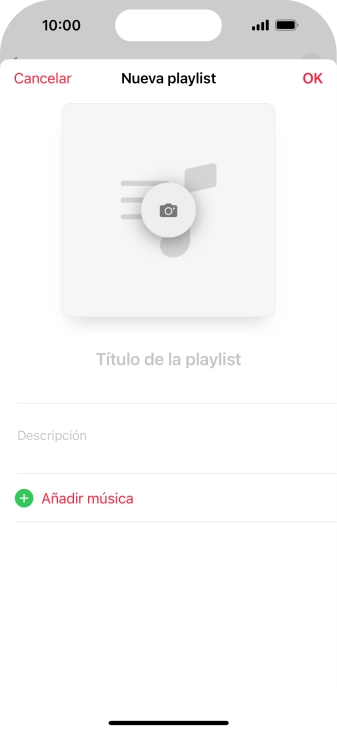 Pulsa en el campo de escritura e introduce el nombre de la lista de reproducción. Pulsa en el campo de escritura e introduce el nombre de la lista de reproducción.