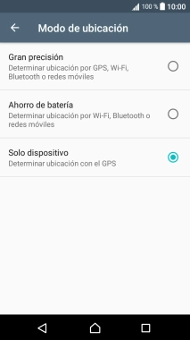 Si seleccionas Gran precisión, el teléfono podrá encontrar tu posición exacta con ayuda de los satélites GPS, la red móvil y una red wifi cercana. El GPS por satélite requiere vista libre al cielo. Si seleccionas Gran precisión, el teléfono podrá encontrar tu posición exacta con ayuda de los satélites GPS, la red móvil y una red wifi cercana. El GPS por satélite requiere vista libre al cielo.