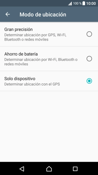 Si seleccionas Gran precisión, el teléfono podrá encontrar tu posición exacta con ayuda de los satélites GPS, la red móvil y una red wifi cercana. El GPS por satélite requiere vista libre al cielo. Si seleccionas Gran precisión, el teléfono podrá encontrar tu posición exacta con ayuda de los satélites GPS, la red móvil y una red wifi cercana. El GPS por satélite requiere vista libre al cielo.