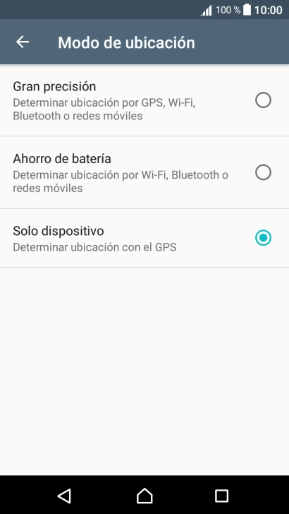 Si seleccionas Gran precisión, el teléfono podrá encontrar tu posición exacta con ayuda de los satélites GPS, la red móvil y una red wifi cercana. El GPS por satélite requiere vista libre al cielo. Si seleccionas Gran precisión, el teléfono podrá encontrar tu posición exacta con ayuda de los satélites GPS, la red móvil y una red wifi cercana. El GPS por satélite requiere vista libre al cielo.