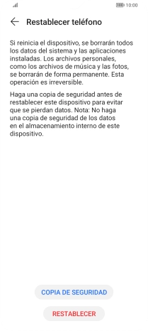 Pulsa RESTABLECER. Espera unos instantes mientras el teléfono restablece la configuración predeterminada. Sigue las indicaciones de la pantalla para configurar el teléfono y dejarlo listo para su uso. Pulsa RESTABLECER. Espera unos instantes mientras el teléfono restablece la configuración predeterminada. Sigue las indicaciones de la pantalla para configurar el teléfono y dejarlo listo para su uso.