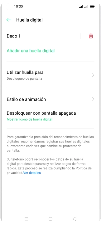 Pulsa el icono de eliminar junto a la huella digital que deseas borrar. Pulsa el icono de eliminar junto a la huella digital que deseas borrar.