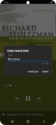 Introduce el nombre deseado de la lista de reproducción y pulsa CREAR. Introduce el nombre deseado de la lista de reproducción y pulsa CREAR.