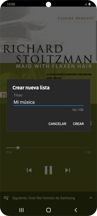 Introduce el nombre deseado de la lista de reproducción y pulsa CREAR. Introduce el nombre deseado de la lista de reproducción y pulsa CREAR.