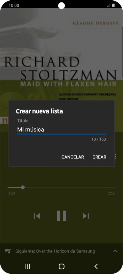 Introduce el nombre deseado de la lista de reproducción y pulsa CREAR. Introduce el nombre deseado de la lista de reproducción y pulsa CREAR.