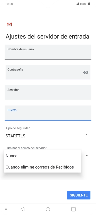 Pulsa Nunca para conservar los correos electrónicos en el servidor cuando los borras del teléfono. Pulsa Nunca para conservar los correos electrónicos en el servidor cuando los borras del teléfono.