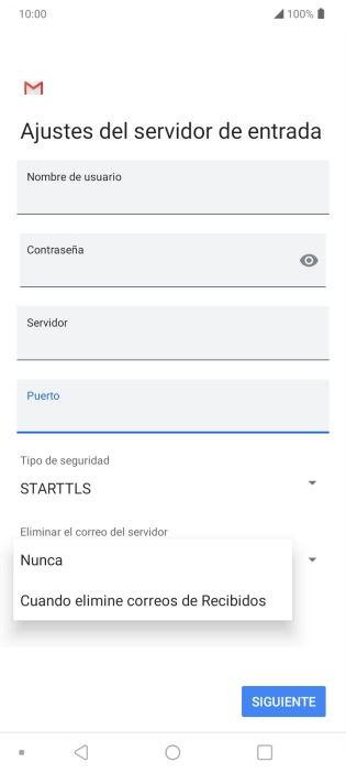 Pulsa Nunca para conservar los correos electrónicos en el servidor cuando los borras del teléfono. Pulsa Nunca para conservar los correos electrónicos en el servidor cuando los borras del teléfono.