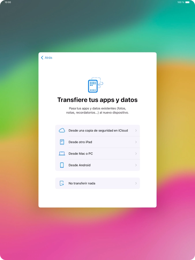Pulsa No transferir nada y sigue las indicaciones de la pantalla para finalizar la activación de la tablet. Pulsa No transferir nada y sigue las indicaciones de la pantalla para finalizar la activación de la tablet.