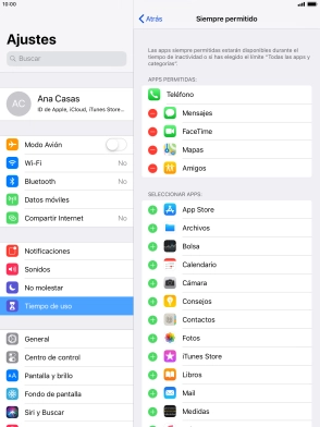 Pulsa el icono de eliminar junto a la app deseada para borrarla de la lista de apps permitidas bajo el tiempo de inactividad de pantalla. Pulsa el icono de eliminar junto a la app deseada para borrarla de la lista de apps permitidas bajo el tiempo de inactividad de pantalla.