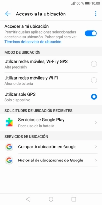 Si seleccionas Utilizar redes móviles, Wi-Fi y GPS, el teléfono podrá encontrar tu posición exacta con ayuda de los satélites GPS, la red móvil y una red wifi cercana. El GPS por satélite requiere vista libre al cielo. Si seleccionas Utilizar redes móviles, Wi-Fi y GPS, el teléfono podrá encontrar tu posición exacta con ayuda de los satélites GPS, la red móvil y una red wifi cercana. El GPS por satélite requiere vista libre al cielo.