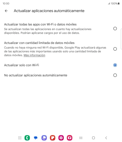 Para activar la actualización automática de apps utilizando la red móvil, pulsa Actualizar todas las apps con Wi-Fi o datos móviles.