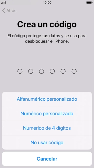 Sigue las indicaciones de la pantalla para activar el uso del código de seguridad o pulsa No usar código.