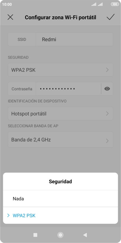 Pulsa WPA2 PSK para proteger la conexión wifi con una contraseña.