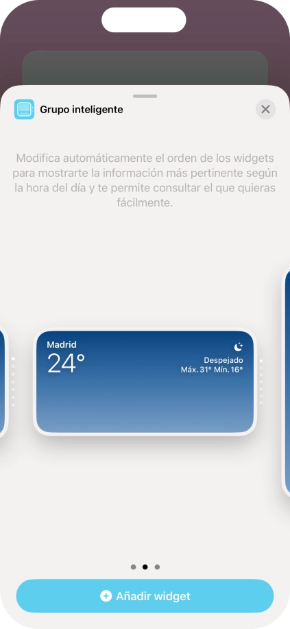 Desliza el dedo hacia la derecha o hacia la izquierda por la pantalla para seleccionar el tamaño de widget deseado. Desliza el dedo hacia la derecha o hacia la izquierda por la pantalla para seleccionar el tamaño de widget deseado.