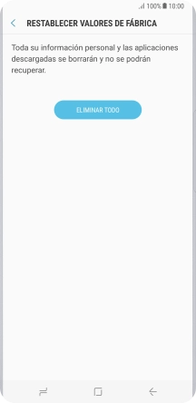 Pulsa ELIMINAR TODO. Espera unos instantes mientras el teléfono restablece la configuración predeterminada. Sigue las indicaciones de la pantalla para configurar el teléfono y dejarlo listo para su uso.