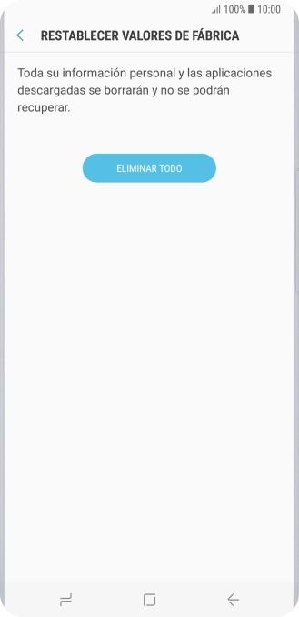 Pulsa ELIMINAR TODO. Espera unos instantes mientras el teléfono restablece la configuración predeterminada. Sigue las indicaciones de la pantalla para configurar el teléfono y dejarlo listo para su uso.