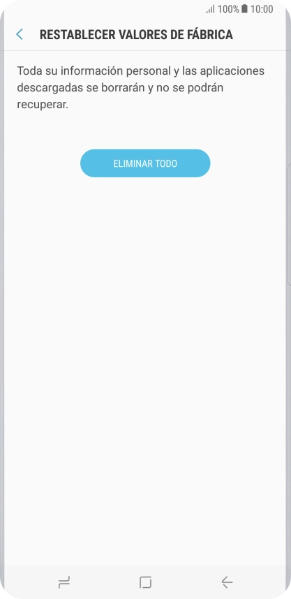 Pulsa ELIMINAR TODO. Espera unos instantes mientras el teléfono restablece la configuración predeterminada. Sigue las indicaciones de la pantalla para configurar el teléfono y dejarlo listo para su uso.