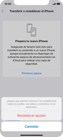 Pulsa Restablecer ajustes. Espera unos instantes mientras el teléfono restablece la configuración predeterminada. Sigue las indicaciones de la pantalla para configurar el teléfono y dejarlo listo para su uso. Pulsa Restablecer ajustes. Espera unos instantes mientras el teléfono restablece la configuración predeterminada. Sigue las indicaciones de la pantalla para configurar el teléfono y dejarlo listo para su uso.