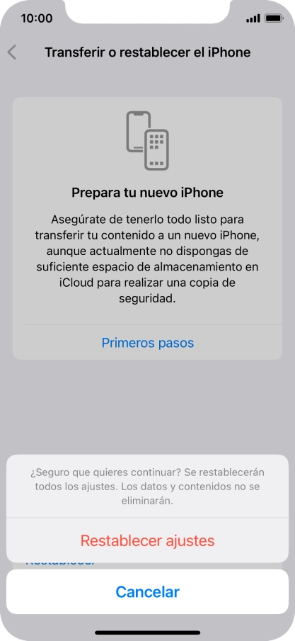 Pulsa Restablecer ajustes. Espera unos instantes mientras el teléfono restablece la configuración predeterminada. Sigue las indicaciones de la pantalla para configurar el teléfono y dejarlo listo para su uso. Pulsa Restablecer ajustes. Espera unos instantes mientras el teléfono restablece la configuración predeterminada. Sigue las indicaciones de la pantalla para configurar el teléfono y dejarlo listo para su uso.