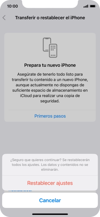 Pulsa Restablecer ajustes. Espera unos instantes mientras el teléfono restablece la configuración predeterminada. Sigue las indicaciones de la pantalla para configurar el teléfono y dejarlo listo para su uso. Pulsa Restablecer ajustes. Espera unos instantes mientras el teléfono restablece la configuración predeterminada. Sigue las indicaciones de la pantalla para configurar el teléfono y dejarlo listo para su uso.