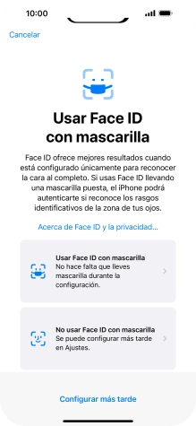Pulsa Configurar más tarde. Si no has añadido anteriormente un código de seguridad, tendrás que introducir un código de libre elección dos veces consecutivas. Pulsa Configurar más tarde. Si no has añadido anteriormente un código de seguridad, tendrás que introducir un código de libre elección dos veces consecutivas.