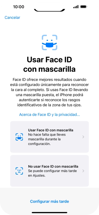 Pulsa Configurar más tarde. Si no has añadido anteriormente un código de seguridad, tendrás que introducir un código de libre elección dos veces consecutivas. Pulsa Configurar más tarde. Si no has añadido anteriormente un código de seguridad, tendrás que introducir un código de libre elección dos veces consecutivas.