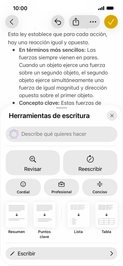 Pulsa Describe qué quieres hacer y escribe con tus propias palabras cómo quieres que se reescriba el texto. Sigue las indicaciones de la pantalla para utilizar la función. Pulsa Describe qué quieres hacer y escribe con tus propias palabras cómo quieres que se reescriba el texto. Sigue las indicaciones de la pantalla para utilizar la función.