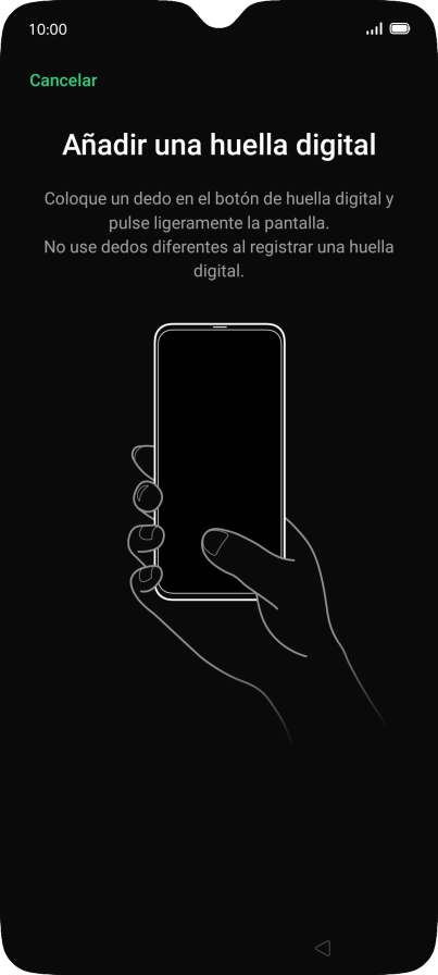 Sigue las indicaciones de la pantalla para crear una huella digital como código de seguridad. Sigue las indicaciones de la pantalla para crear una huella digital como código de seguridad.
