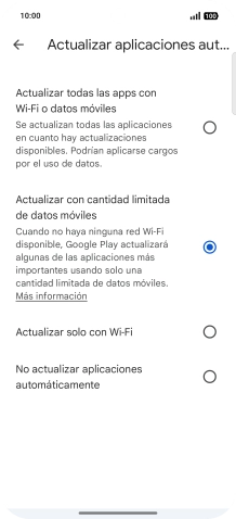 Para activar la actualización automática de apps utilizando la red móvil, pulsa Actualizar todas las apps con Wi-Fi o datos móviles. Para activar la actualización automática de apps utilizando la red móvil, pulsa Actualizar todas las apps con Wi-Fi o datos móviles.