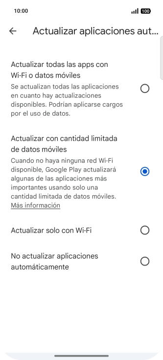 Para activar la actualización automática de apps utilizando la red móvil, pulsa Actualizar todas las apps con Wi-Fi o datos móviles. Para activar la actualización automática de apps utilizando la red móvil, pulsa Actualizar todas las apps con Wi-Fi o datos móviles.