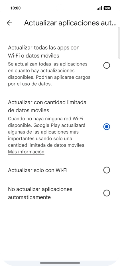 Para activar la actualización automática de apps utilizando la red móvil, pulsa Actualizar todas las apps con Wi-Fi o datos móviles. Para activar la actualización automática de apps utilizando la red móvil, pulsa Actualizar todas las apps con Wi-Fi o datos móviles.