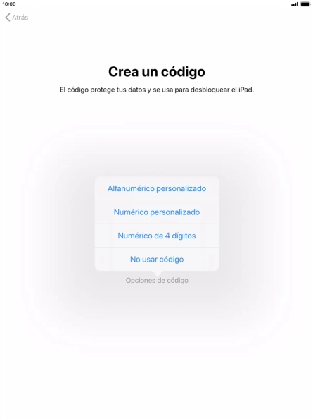 Sigue las indicaciones de la pantalla para activar el uso del código de seguridad o pulsa No usar código.