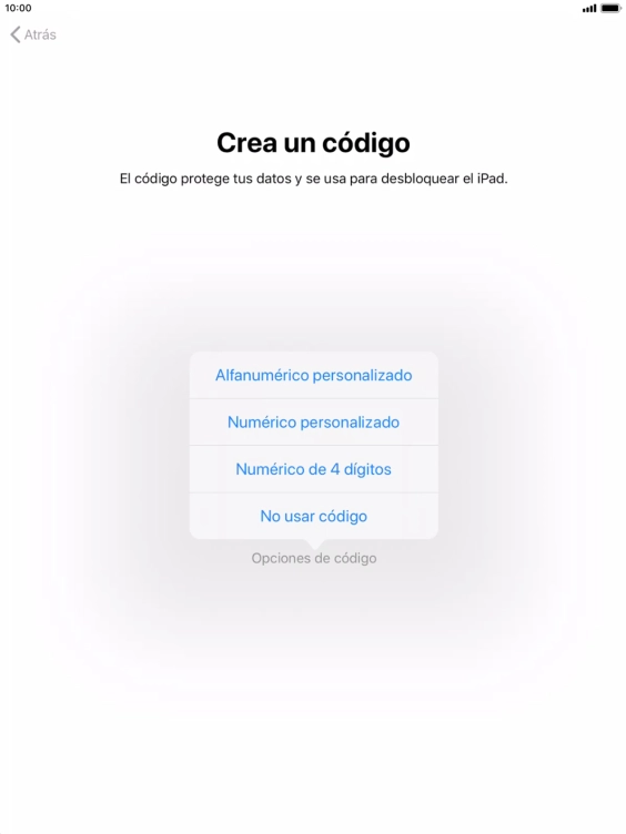 Sigue las indicaciones de la pantalla para activar el uso del código de seguridad o pulsa No usar código.
