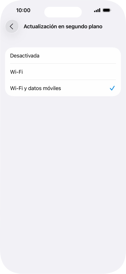 Para desactivar la actualización de apps en ejecución, pulsa Desactivada. Para desactivar la actualización de apps en ejecución, pulsa Desactivada.