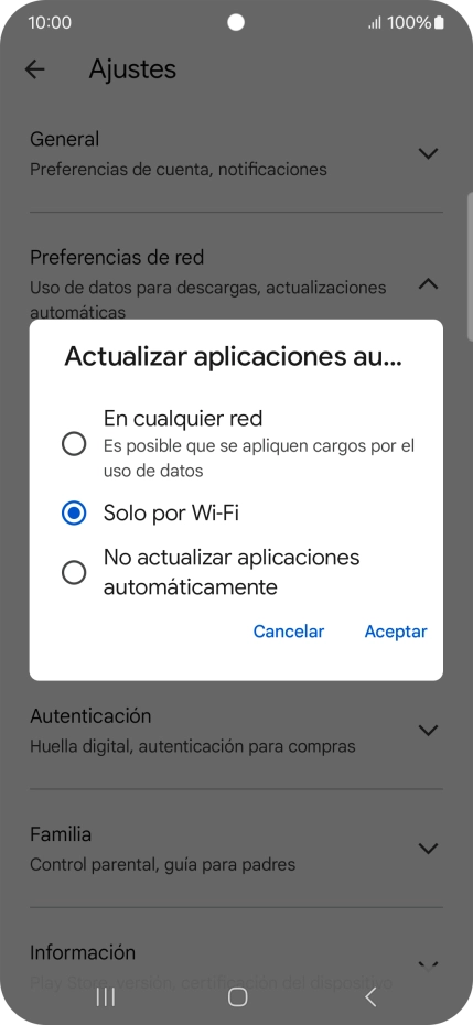 Para activar la actualización automática de apps utilizando la red móvil, pulsa En cualquier red. Para activar la actualización automática de apps utilizando la red móvil, pulsa En cualquier red.