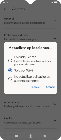 Para activar la actualización automática de apps a través de la red móvil, pulsa el campo junto a Para activar la actualización automática de apps a través de la red móvil, pulsa el campo junto a