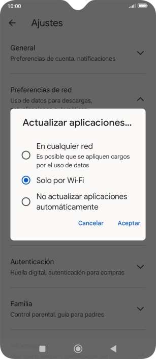 Para activar la actualización automática de apps a través de la red móvil, pulsa el campo junto a Para activar la actualización automática de apps a través de la red móvil, pulsa el campo junto a