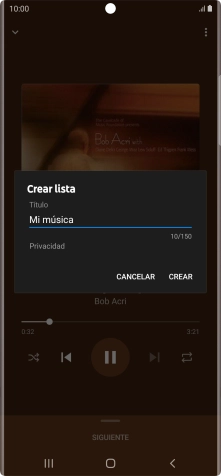 Introduce el nombre deseado de la lista de reproducción y pulsa CREAR. Introduce el nombre deseado de la lista de reproducción y pulsa CREAR.