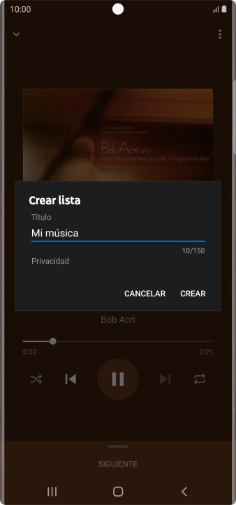 Introduce el nombre deseado de la lista de reproducción y pulsa CREAR. Introduce el nombre deseado de la lista de reproducción y pulsa CREAR.