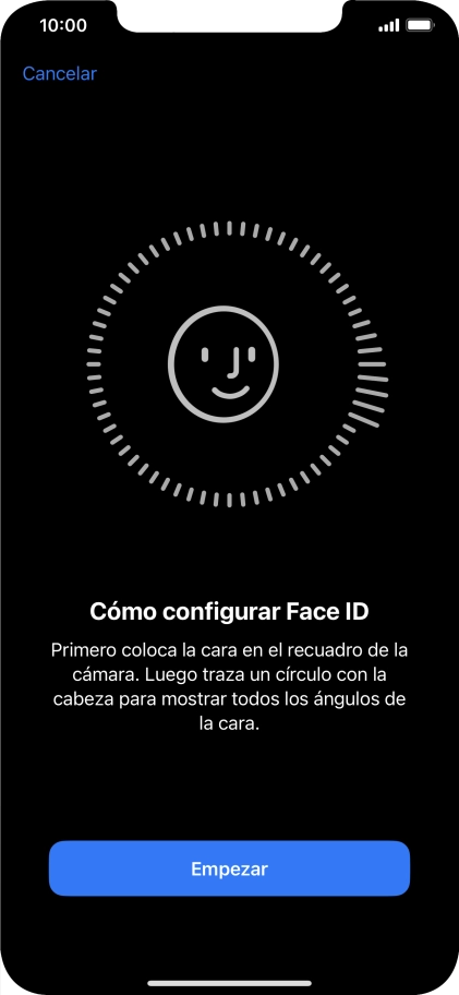 Pulsa Empezar y sigue las indicaciones de la pantalla para crear un código de seguridad con la función de reconocimiento facial (Face ID). Pulsa Empezar y sigue las indicaciones de la pantalla para crear un código de seguridad con la función de reconocimiento facial (Face ID).