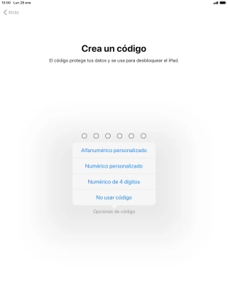 Sigue las indicaciones de la pantalla para activar el uso del código de seguridad o pulsa No usar código. Sigue las indicaciones de la pantalla para activar el uso del código de seguridad o pulsa No usar código.