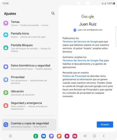 Pulsa Acepto y sigue las indicaciones de la pantalla para seleccionar los ajustes de tu cuenta de Google. Pulsa Acepto y sigue las indicaciones de la pantalla para seleccionar los ajustes de tu cuenta de Google.