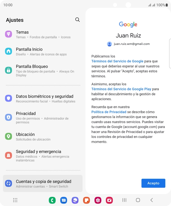 Pulsa Acepto y sigue las indicaciones de la pantalla para seleccionar los ajustes de tu cuenta de Google. Pulsa Acepto y sigue las indicaciones de la pantalla para seleccionar los ajustes de tu cuenta de Google.