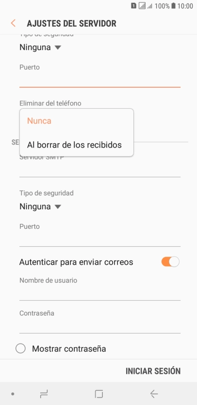 Pulsa Nunca para conservar los correos electrónicos en el servidor cuando los borras del teléfono.