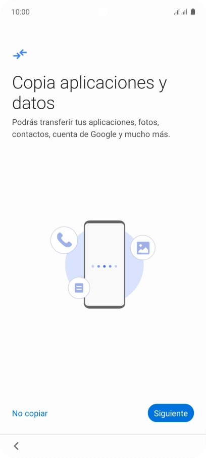Puedes transferir el contenido de otro teléfono cuando activas tu teléfono por primera vez y cuando lo has restablecido. Cuando aparezca en la pantalla del teléfono esta imagen, ya está listo para la transmisión del contenido del otro teléfono. Puedes transferir el contenido de otro teléfono cuando activas tu teléfono por primera vez y cuando lo has restablecido. Cuando aparezca en la pantalla del teléfono esta imagen, ya está listo para la transmisión del contenido del otro teléfono.