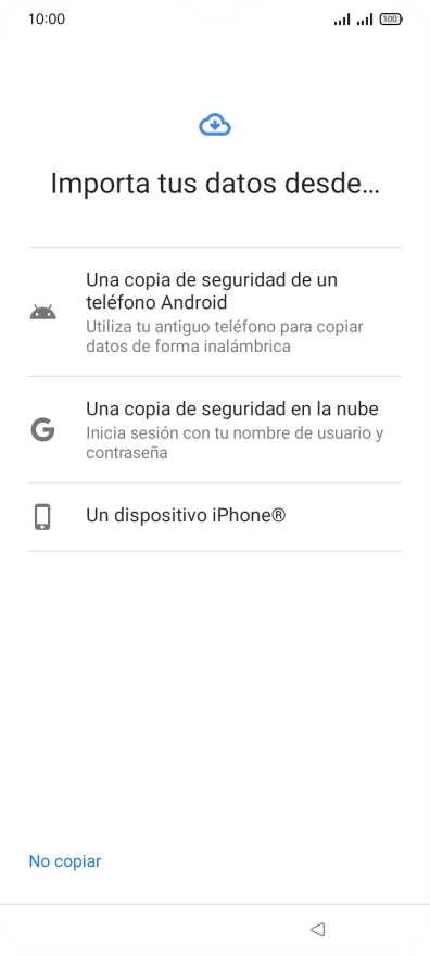 Pulsa el ajuste deseado y sigue las instrucciones de la pantalla para transferir el contenido del otro teléfono. Pulsa el ajuste deseado y sigue las instrucciones de la pantalla para transferir el contenido del otro teléfono.